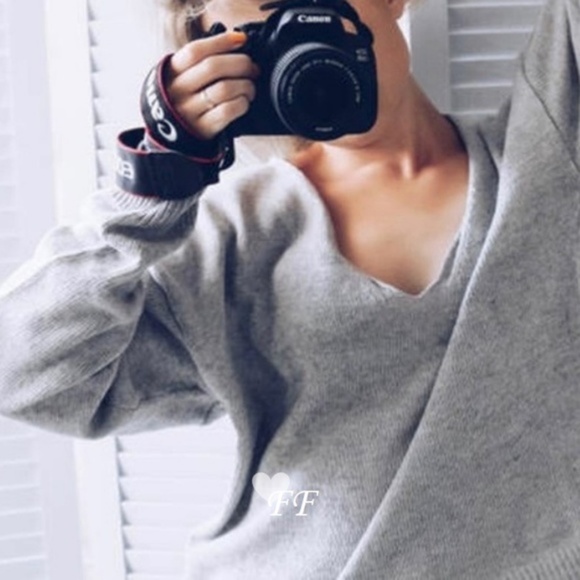 New Boutique Cozy Slouchy Grey V-Neck Sweater - Picture 3 of 5